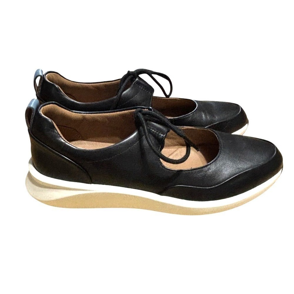 Clarks Unstructured Black Leather Lace Up Mary Jane Shoes Womens 7.5 Comfort